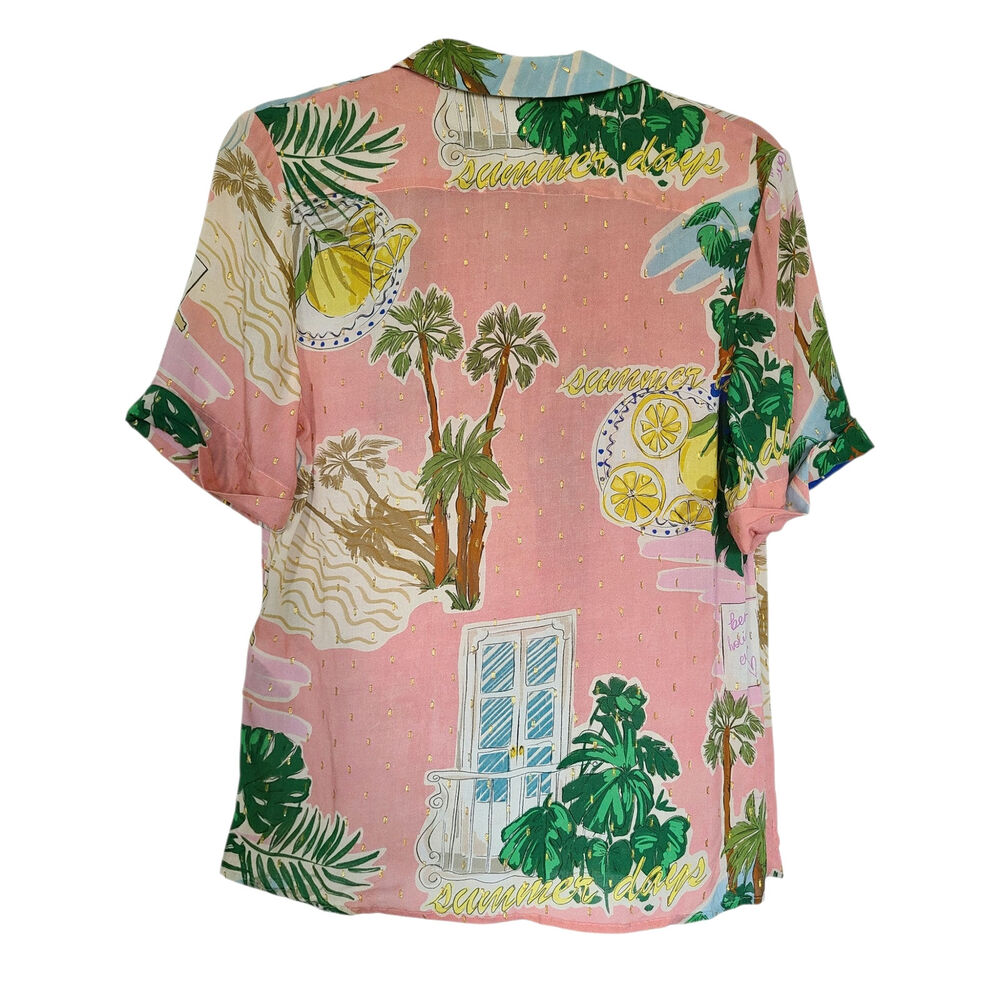 Lena Hoschek "Beach Trip" Hawaii Blouse - Lurex Shimmer Postcard Print Size S - Picture 5 of 7
